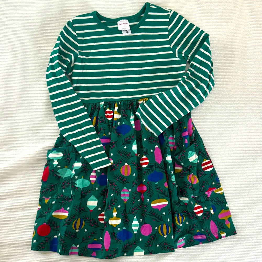Hanna Andersson Holiday Playground Dress Stripe and Ornament Print Size 6-7